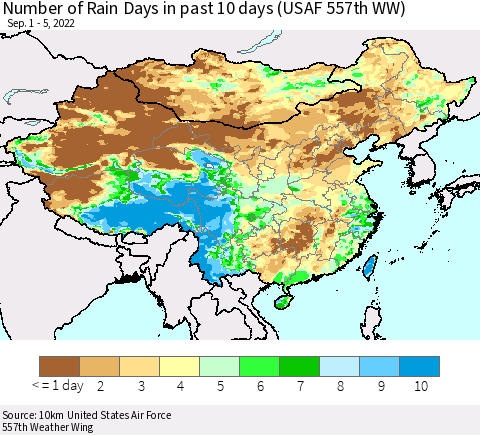 China, Mongolia and Taiwan Number of Rain Days in past 10 days (USAF 557th WW) Thematic Map For 9/1/2022 - 9/5/2022