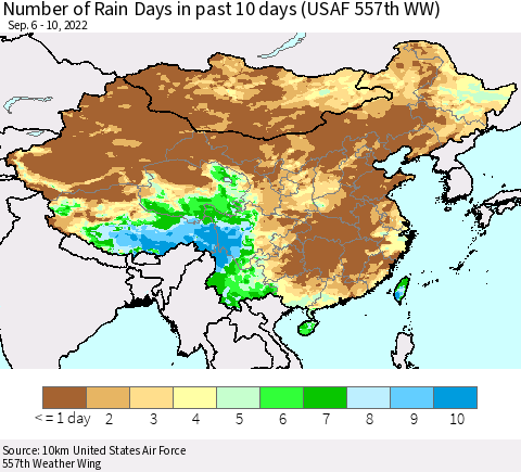 China, Mongolia and Taiwan Number of Rain Days in past 10 days (USAF 557th WW) Thematic Map For 9/6/2022 - 9/10/2022
