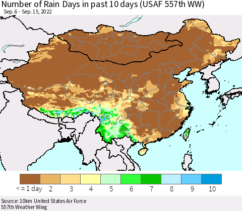 China, Mongolia and Taiwan Number of Rain Days in past 10 days (USAF 557th WW) Thematic Map For 9/11/2022 - 9/15/2022
