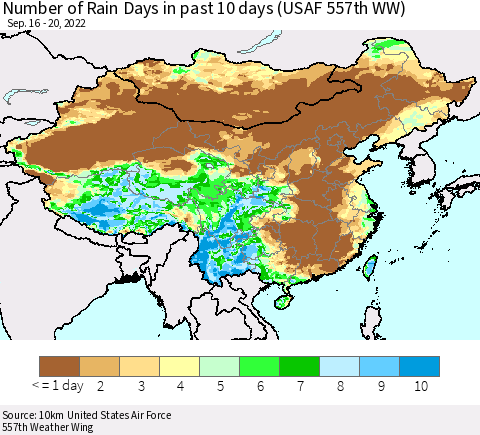 China, Mongolia and Taiwan Number of Rain Days in past 10 days (USAF 557th WW) Thematic Map For 9/16/2022 - 9/20/2022