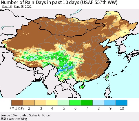 China, Mongolia and Taiwan Number of Rain Days in past 10 days (USAF 557th WW) Thematic Map For 9/21/2022 - 9/25/2022