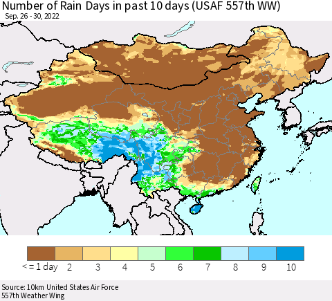 China, Mongolia and Taiwan Number of Rain Days in past 10 days (USAF 557th WW) Thematic Map For 9/26/2022 - 9/30/2022