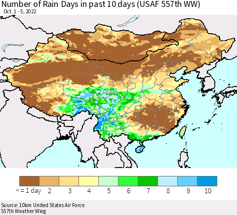 China, Mongolia and Taiwan Number of Rain Days in past 10 days (USAF 557th WW) Thematic Map For 10/1/2022 - 10/5/2022