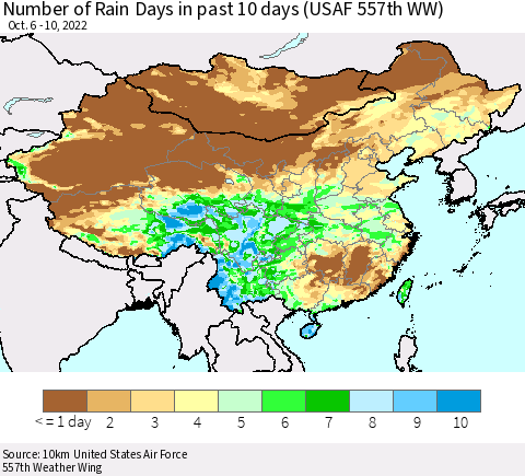 China, Mongolia and Taiwan Number of Rain Days in past 10 days (USAF 557th WW) Thematic Map For 10/6/2022 - 10/10/2022