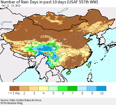 China, Mongolia and Taiwan Number of Rain Days in past 10 days (USAF 557th WW) Thematic Map For 10/11/2022 - 10/15/2022