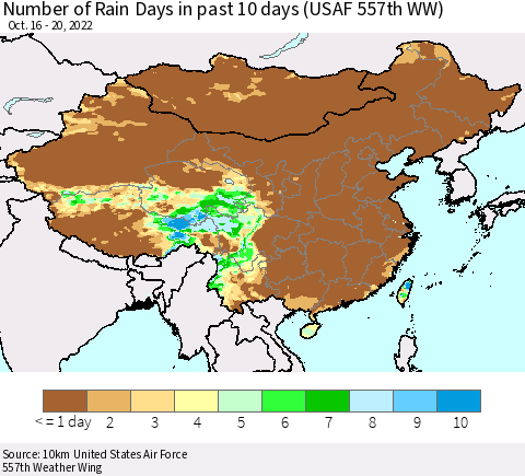 China, Mongolia and Taiwan Number of Rain Days in past 10 days (USAF 557th WW) Thematic Map For 10/16/2022 - 10/20/2022