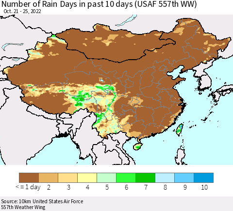 China, Mongolia and Taiwan Number of Rain Days in past 10 days (USAF 557th WW) Thematic Map For 10/21/2022 - 10/25/2022