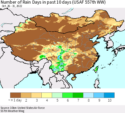 China, Mongolia and Taiwan Number of Rain Days in past 10 days (USAF 557th WW) Thematic Map For 10/26/2022 - 10/31/2022