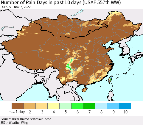 China, Mongolia and Taiwan Number of Rain Days in past 10 days (USAF 557th WW) Thematic Map For 11/1/2022 - 11/5/2022