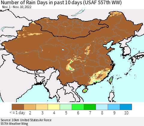 China, Mongolia and Taiwan Number of Rain Days in past 10 days (USAF 557th WW) Thematic Map For 11/6/2022 - 11/10/2022