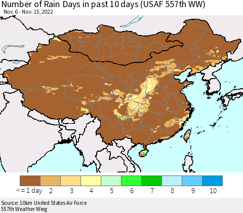 China, Mongolia and Taiwan Number of Rain Days in past 10 days (USAF 557th WW) Thematic Map For 11/11/2022 - 11/15/2022