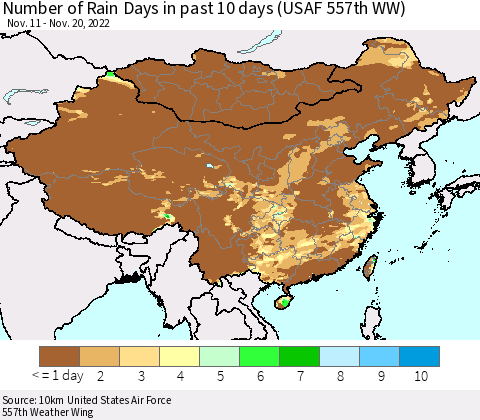 China, Mongolia and Taiwan Number of Rain Days in past 10 days (USAF 557th WW) Thematic Map For 11/16/2022 - 11/20/2022
