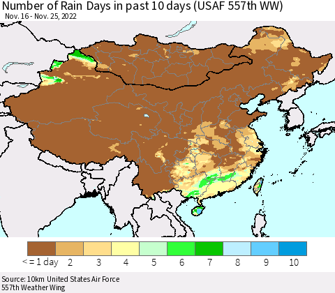 China, Mongolia and Taiwan Number of Rain Days in past 10 days (USAF 557th WW) Thematic Map For 11/21/2022 - 11/25/2022