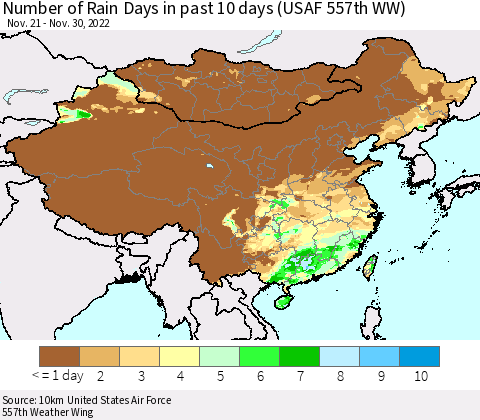 China, Mongolia and Taiwan Number of Rain Days in past 10 days (USAF 557th WW) Thematic Map For 11/26/2022 - 11/30/2022