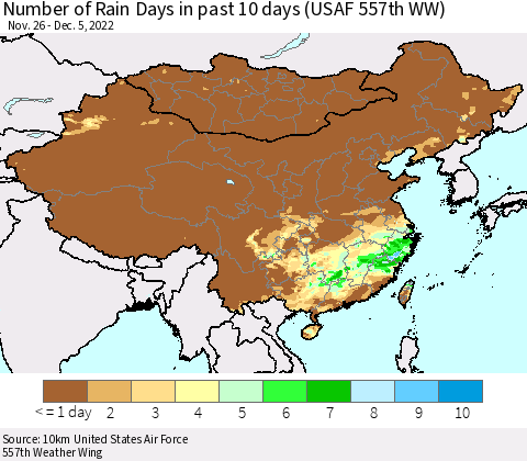 China, Mongolia and Taiwan Number of Rain Days in past 10 days (USAF 557th WW) Thematic Map For 12/1/2022 - 12/5/2022