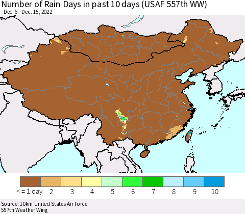 China, Mongolia and Taiwan Number of Rain Days in past 10 days (USAF 557th WW) Thematic Map For 12/11/2022 - 12/15/2022
