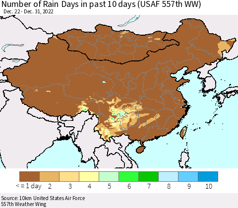 China, Mongolia and Taiwan Number of Rain Days in past 10 days (USAF 557th WW) Thematic Map For 12/26/2022 - 12/31/2022