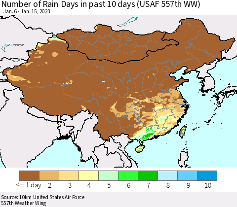 China, Mongolia and Taiwan Number of Rain Days in past 10 days (USAF 557th WW) Thematic Map For 1/11/2023 - 1/15/2023