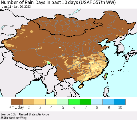 China, Mongolia and Taiwan Number of Rain Days in past 10 days (USAF 557th WW) Thematic Map For 1/16/2023 - 1/20/2023