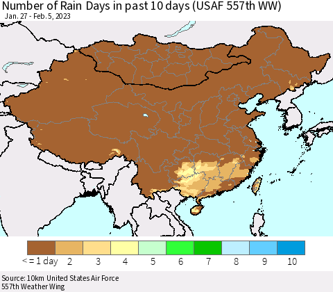 China, Mongolia and Taiwan Number of Rain Days in past 10 days (USAF 557th WW) Thematic Map For 2/1/2023 - 2/5/2023