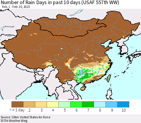 China, Mongolia and Taiwan Number of Rain Days in past 10 days (USAF 557th WW) Thematic Map For 2/6/2023 - 2/10/2023