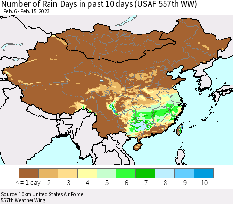 China, Mongolia and Taiwan Number of Rain Days in past 10 days (USAF 557th WW) Thematic Map For 2/11/2023 - 2/15/2023