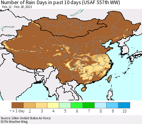 China, Mongolia and Taiwan Number of Rain Days in past 10 days (USAF 557th WW) Thematic Map For 2/16/2023 - 2/20/2023
