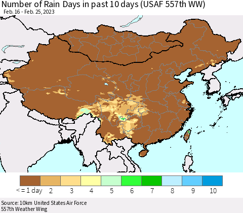 China, Mongolia and Taiwan Number of Rain Days in past 10 days (USAF 557th WW) Thematic Map For 2/21/2023 - 2/25/2023