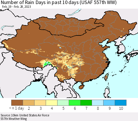 China, Mongolia and Taiwan Number of Rain Days in past 10 days (USAF 557th WW) Thematic Map For 2/26/2023 - 2/28/2023