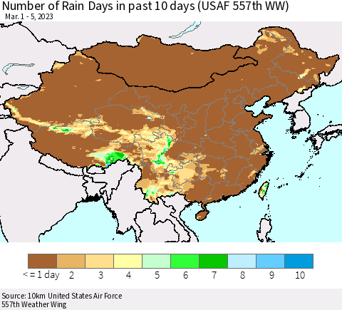 China, Mongolia and Taiwan Number of Rain Days in past 10 days (USAF 557th WW) Thematic Map For 3/1/2023 - 3/5/2023