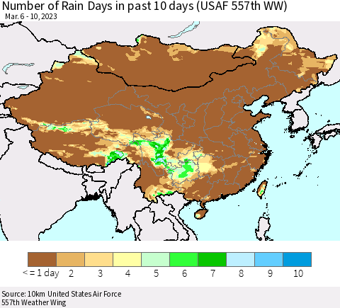 China, Mongolia and Taiwan Number of Rain Days in past 10 days (USAF 557th WW) Thematic Map For 3/6/2023 - 3/10/2023