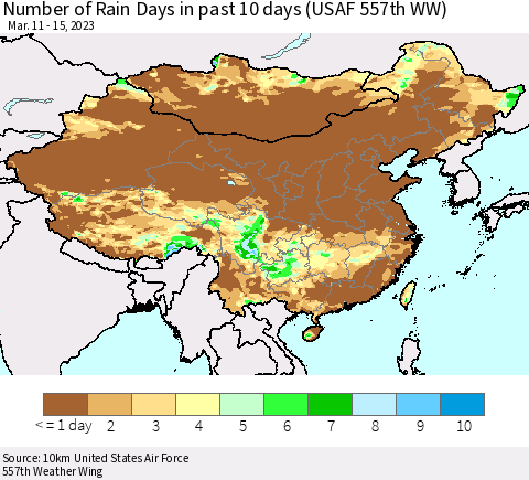 China, Mongolia and Taiwan Number of Rain Days in past 10 days (USAF 557th WW) Thematic Map For 3/11/2023 - 3/15/2023