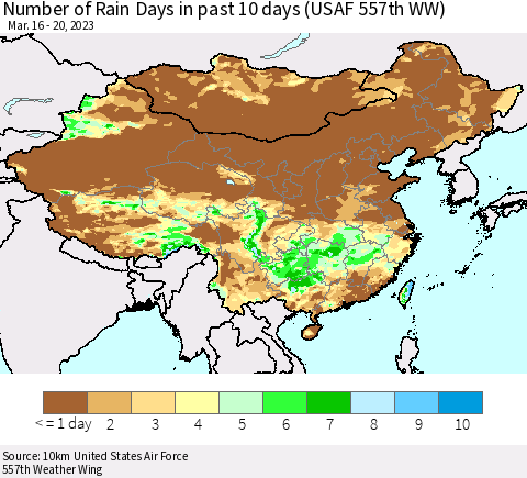 China, Mongolia and Taiwan Number of Rain Days in past 10 days (USAF 557th WW) Thematic Map For 3/16/2023 - 3/20/2023
