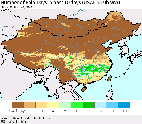 China, Mongolia and Taiwan Number of Rain Days in past 10 days (USAF 557th WW) Thematic Map For 3/21/2023 - 3/25/2023