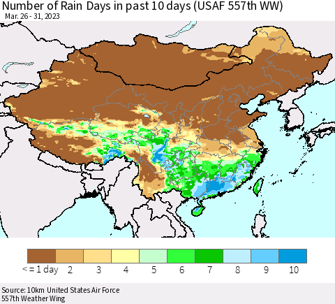 China, Mongolia and Taiwan Number of Rain Days in past 10 days (USAF 557th WW) Thematic Map For 3/26/2023 - 3/31/2023
