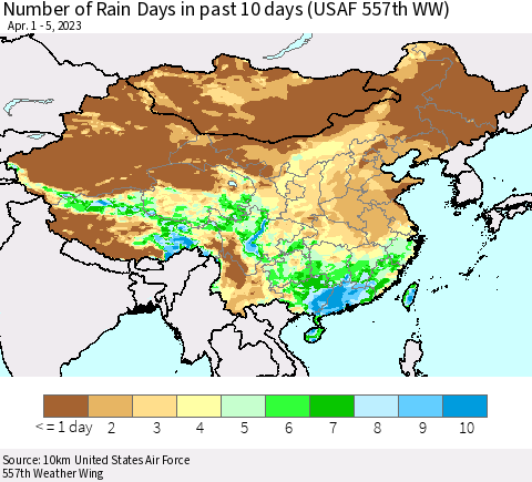 China, Mongolia and Taiwan Number of Rain Days in past 10 days (USAF 557th WW) Thematic Map For 4/1/2023 - 4/5/2023