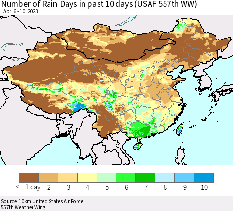 China, Mongolia and Taiwan Number of Rain Days in past 10 days (USAF 557th WW) Thematic Map For 4/6/2023 - 4/10/2023