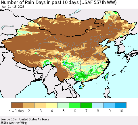 China, Mongolia and Taiwan Number of Rain Days in past 10 days (USAF 557th WW) Thematic Map For 4/11/2023 - 4/15/2023