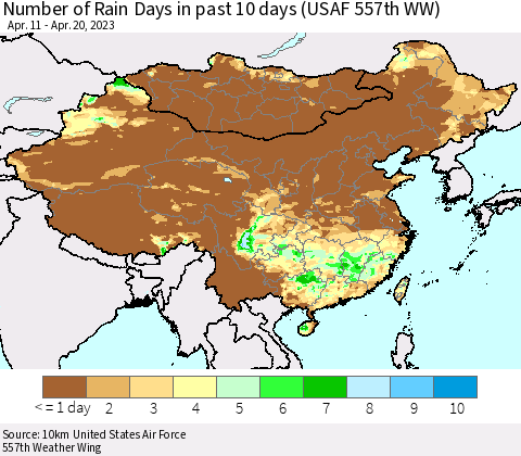 China, Mongolia and Taiwan Number of Rain Days in past 10 days (USAF 557th WW) Thematic Map For 4/16/2023 - 4/20/2023
