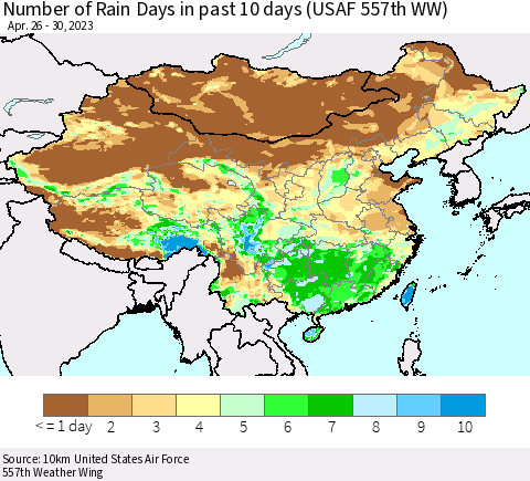 China, Mongolia and Taiwan Number of Rain Days in past 10 days (USAF 557th WW) Thematic Map For 4/26/2023 - 4/30/2023