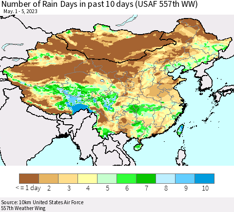 China, Mongolia and Taiwan Number of Rain Days in past 10 days (USAF 557th WW) Thematic Map For 5/1/2023 - 5/5/2023