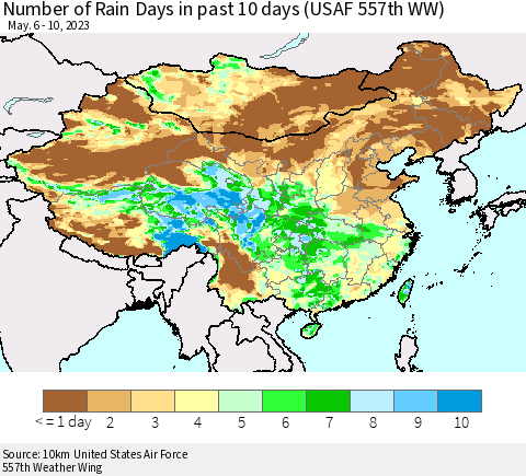China, Mongolia and Taiwan Number of Rain Days in past 10 days (USAF 557th WW) Thematic Map For 5/6/2023 - 5/10/2023