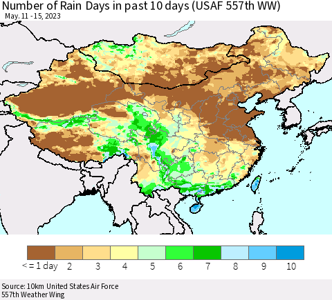 China, Mongolia and Taiwan Number of Rain Days in past 10 days (USAF 557th WW) Thematic Map For 5/11/2023 - 5/15/2023