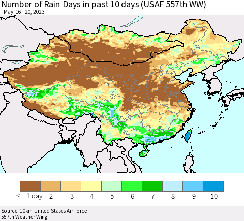 China, Mongolia and Taiwan Number of Rain Days in past 10 days (USAF 557th WW) Thematic Map For 5/16/2023 - 5/20/2023