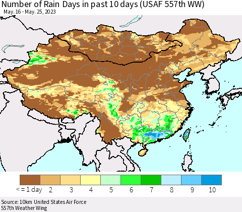 China, Mongolia and Taiwan Number of Rain Days in past 10 days (USAF 557th WW) Thematic Map For 5/21/2023 - 5/25/2023