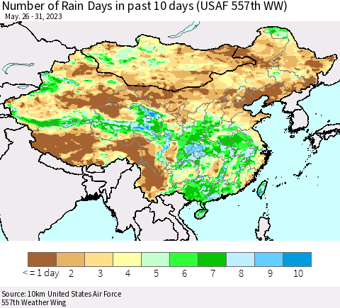 China, Mongolia and Taiwan Number of Rain Days in past 10 days (USAF 557th WW) Thematic Map For 5/26/2023 - 5/31/2023
