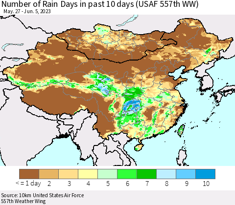China, Mongolia and Taiwan Number of Rain Days in past 10 days (USAF 557th WW) Thematic Map For 6/1/2023 - 6/5/2023