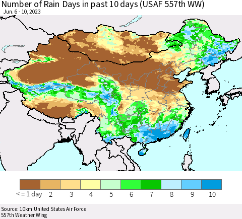 China, Mongolia and Taiwan Number of Rain Days in past 10 days (USAF 557th WW) Thematic Map For 6/6/2023 - 6/10/2023