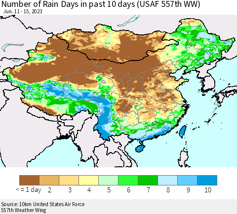 China, Mongolia and Taiwan Number of Rain Days in past 10 days (USAF 557th WW) Thematic Map For 6/11/2023 - 6/15/2023