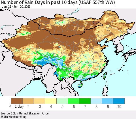 China, Mongolia and Taiwan Number of Rain Days in past 10 days (USAF 557th WW) Thematic Map For 6/16/2023 - 6/20/2023